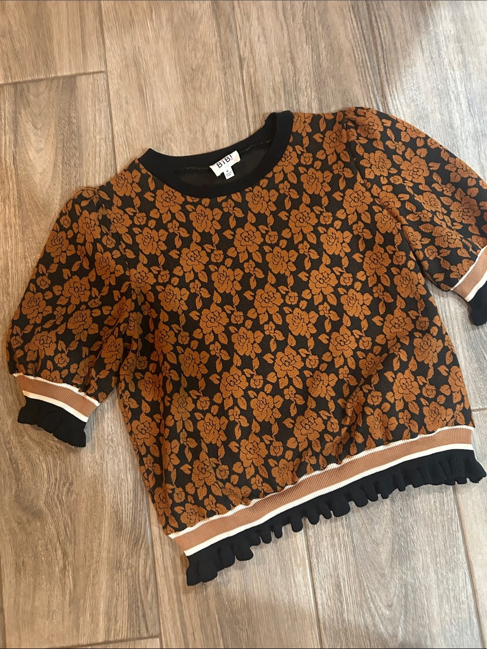 BiBi Black top  with Rust Floral Pattern